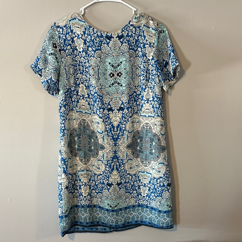 Lulu's Blue and Cream Patterned Mini Dress